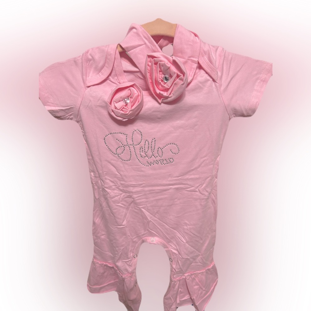 One piece baby girl ruffled romper….”Hello World” in rhinestones